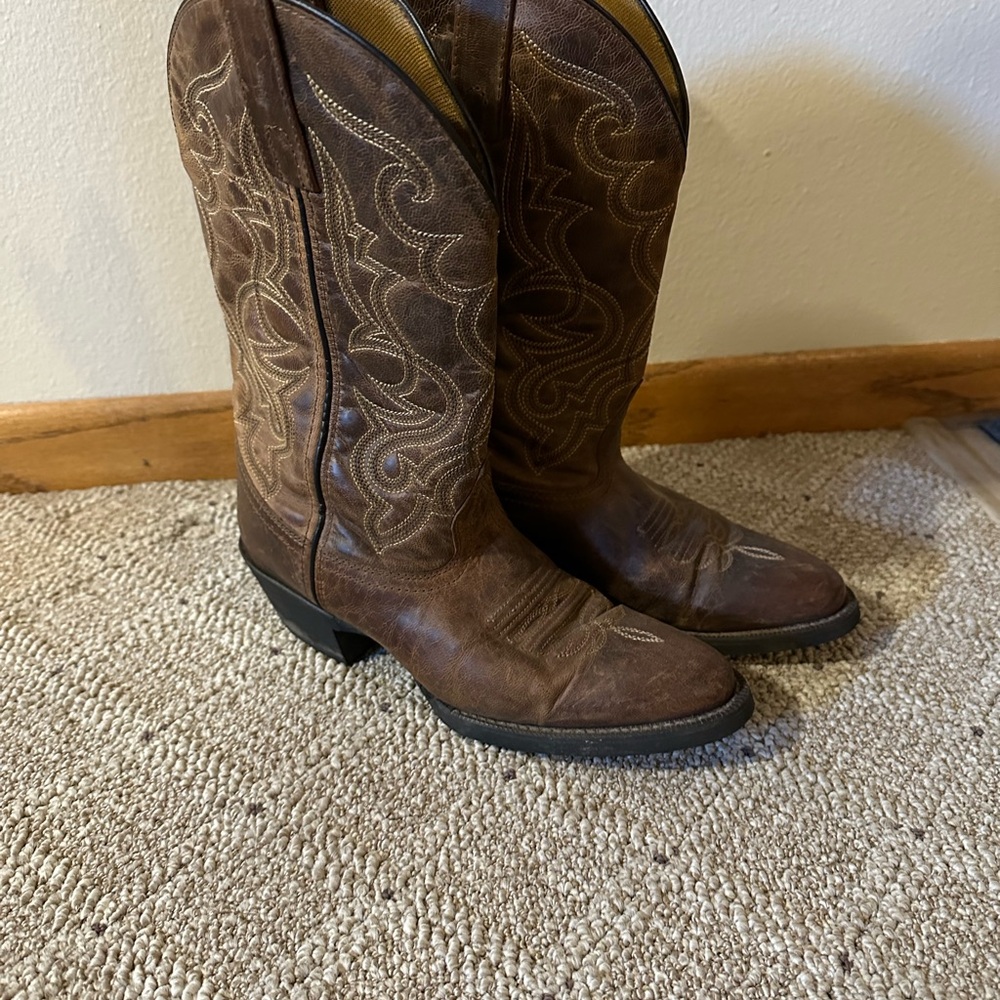Laredo Brown Leather Cowboy Boots with Pointed Toe and Stacked Heel